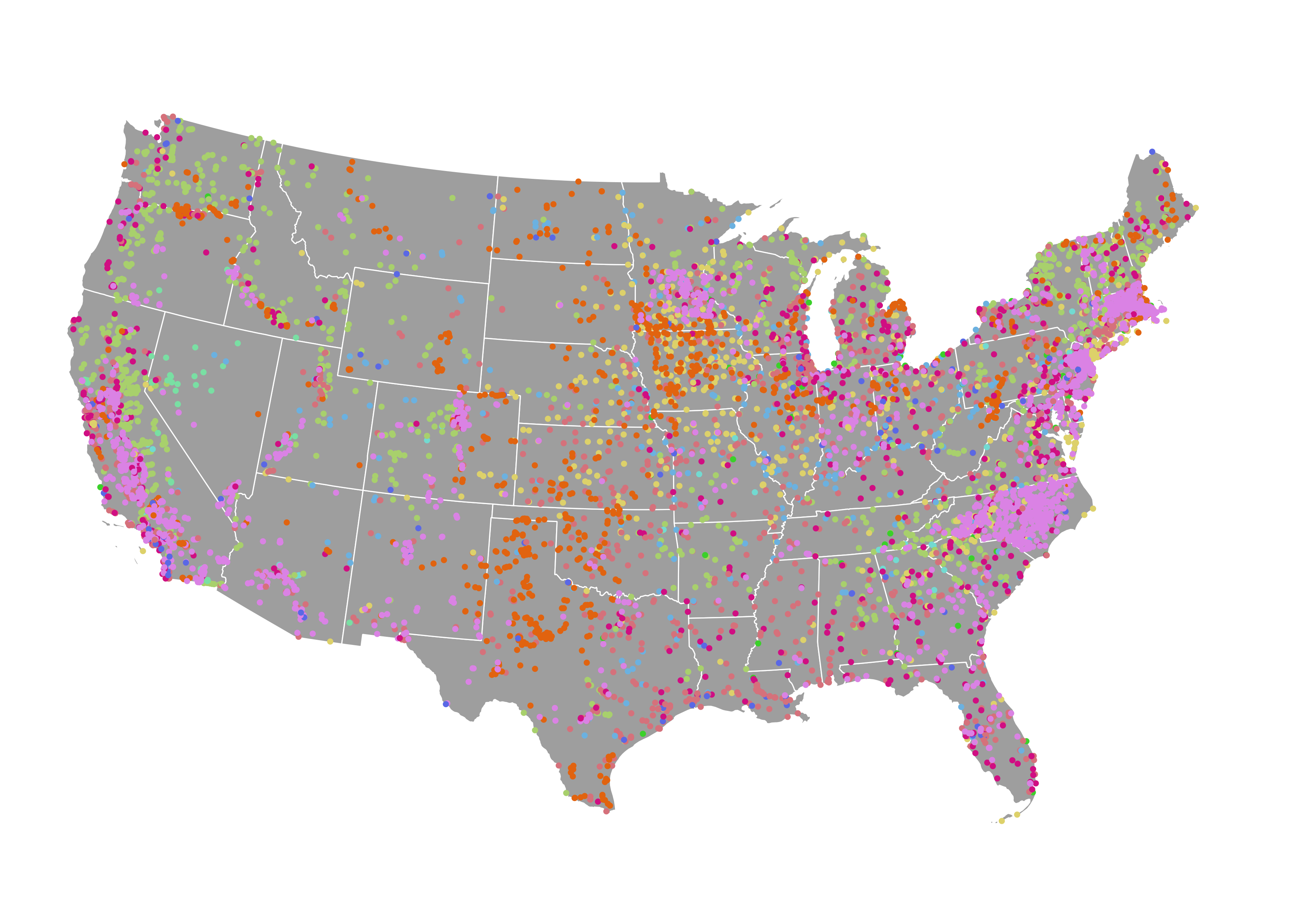 Coloured dot map showing source of each power plant's energy